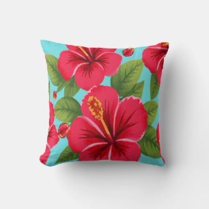 Red Hibiscus Flowers – Tropical Vibrant Sky Blue Throw Pillow