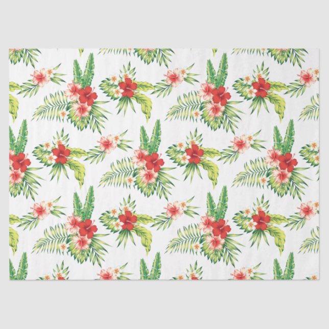Red Hibiscus & Green Tropical Leafs Pattern Tissue Paper (Front)