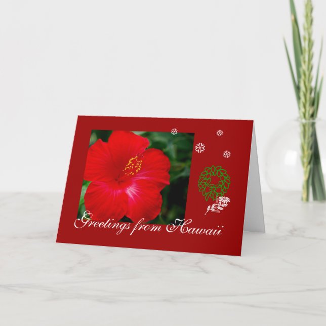 Red Hibiscus, Greetings from Hawaii Holiday Card (Front)