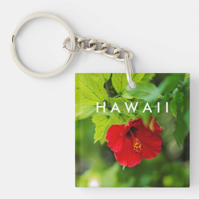 Red Hibiscus Hawaii Tropical Flower Keychain (Front)