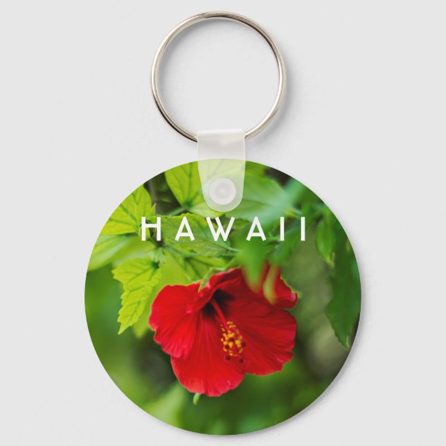 Red Hibiscus Hawaii Tropical Flower Keychain (Front)