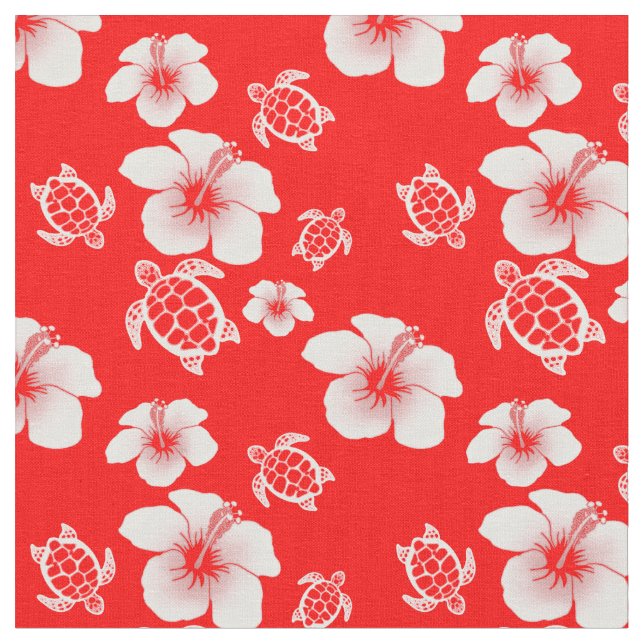 Red Hibiscus Honu Hawaiian Fabric (Close Up)
