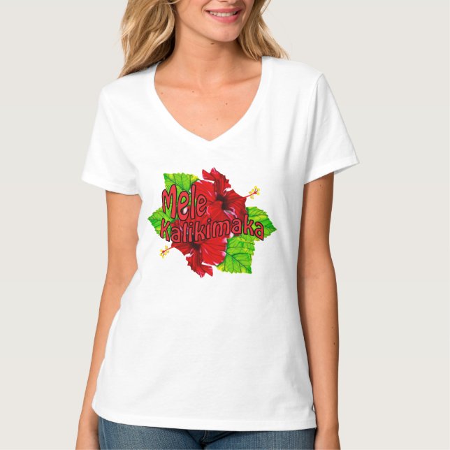 Red Hibiscus Mele Kalikimaka Christmas Shirts (Front)
