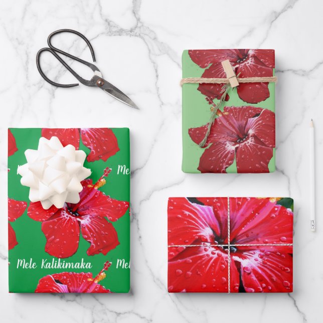 Red Hibiscus Mele Kalikimaka Wrapping Paper Sheets (Front)
