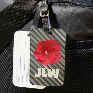 Red Hibiscus Modern Bold Smokey Gray Stripes Luggage Tag