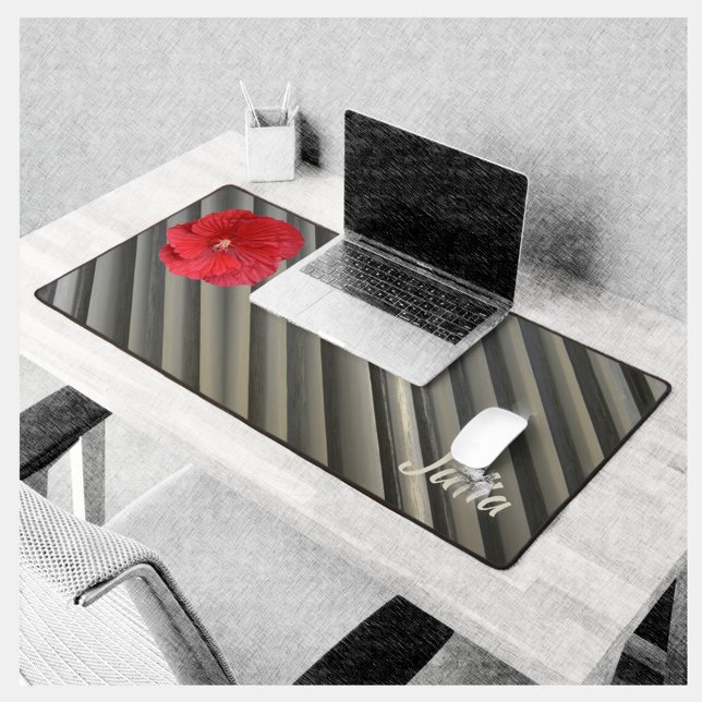 Red Hibiscus Modern Smokey Gray Stripes Desk Mat (Creator Uploaded)