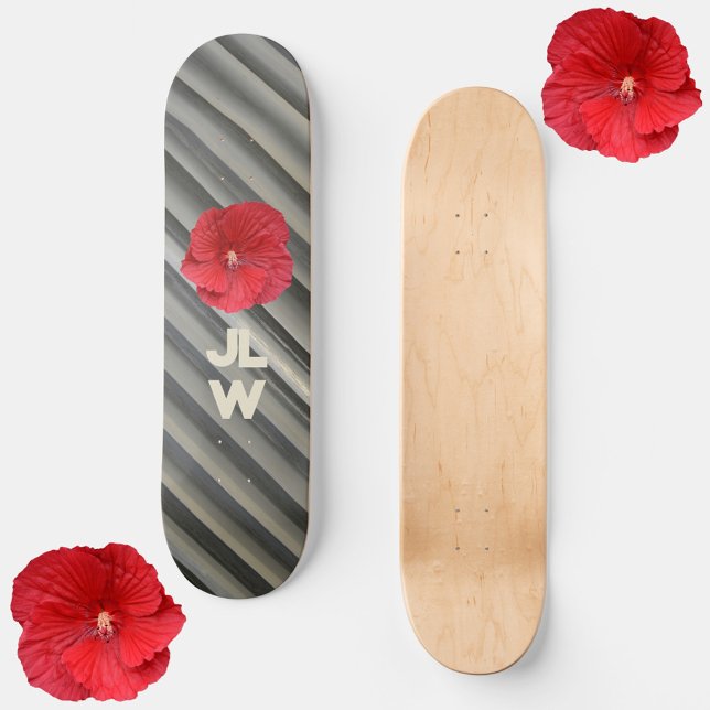 Red Hibiscus Modern Smokey Gray Stripes Skateboard (Creator Uploaded)