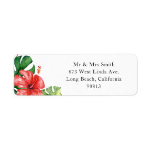 Red Hibiscus Monstera Tropical Return Address Label