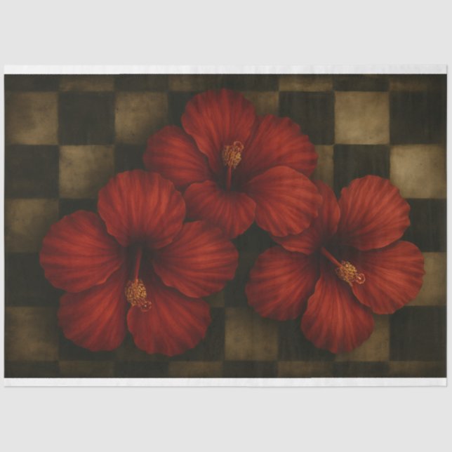 Red Hibiscus on Aged Checkerboard Decoupage Paper  (Front)