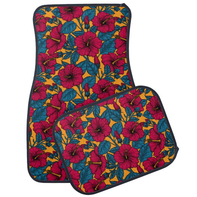 Red hibiscus on orange car floor mat (Set)