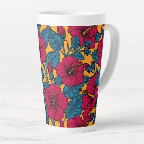 Red hibiscus on orange latte mug