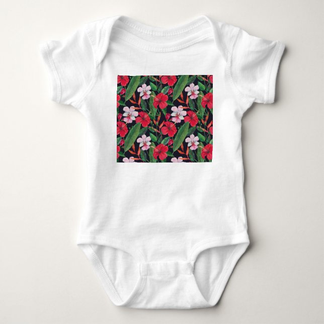 Red hibiscus, orchids, tropical watercolor. baby bodysuit (Front)