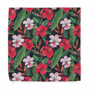 Red hibiscus, orchids, tropical watercolor. bandana