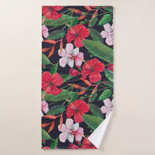 Red hibiscus orchids tropical watercolor bath towel