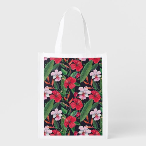 Red hibiscus orchids tropical watercolor grocery bag