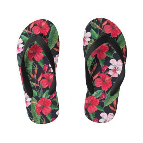 Red hibiscus orchids tropical watercolor kids flip flops