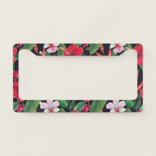 Red hibiscus, orchids, tropical watercolor. license plate frame