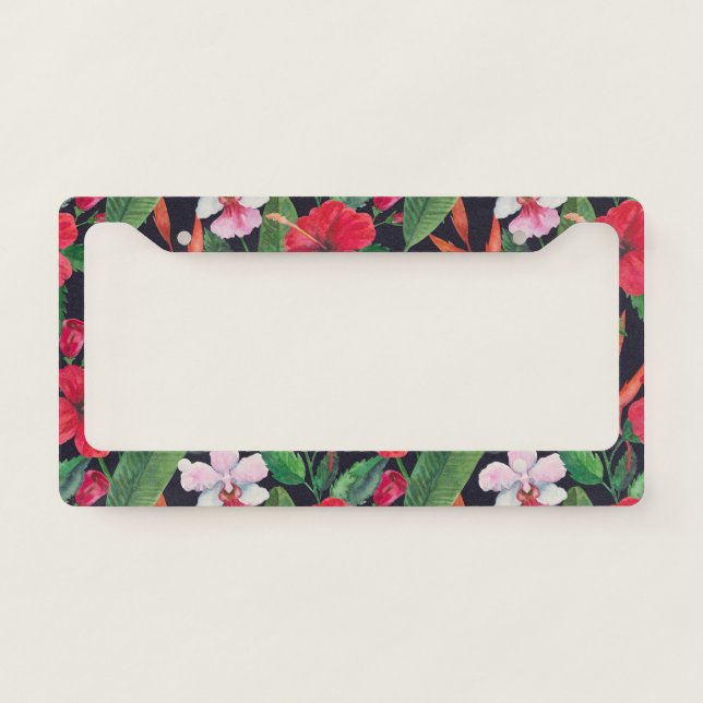 Red hibiscus, orchids, tropical watercolor. license plate frame (Front)