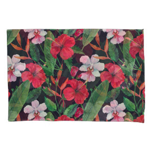 Red hibiscus, orchids, tropical watercolor. pillow case