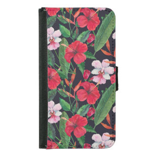 Red hibiscus, orchids, tropical watercolor. samsung galaxy s5 wallet case