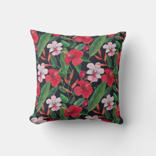 Red hibiscus, orchids, tropical watercolor. throw pillow