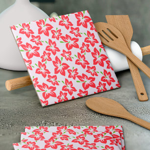 Red Hibiscus, Red Flowers, Pattern Of Flowers Ceramic Tile