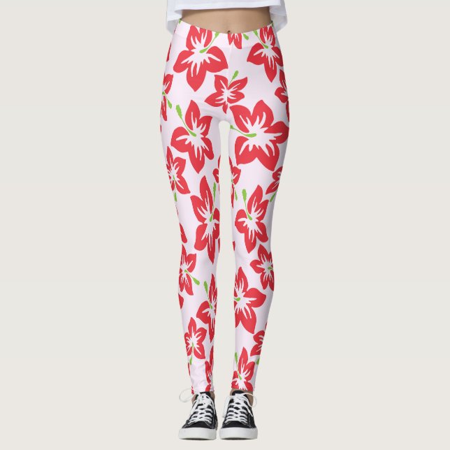 Red Hibiscus, Red Flowers, Pattern Of Flowers Leggings (Front)