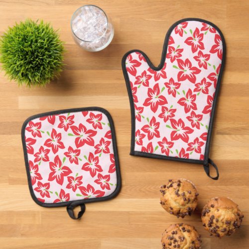 Red Hibiscus Red Flowers Pattern Of Flowers Oven Mitt  Pot Holder Set