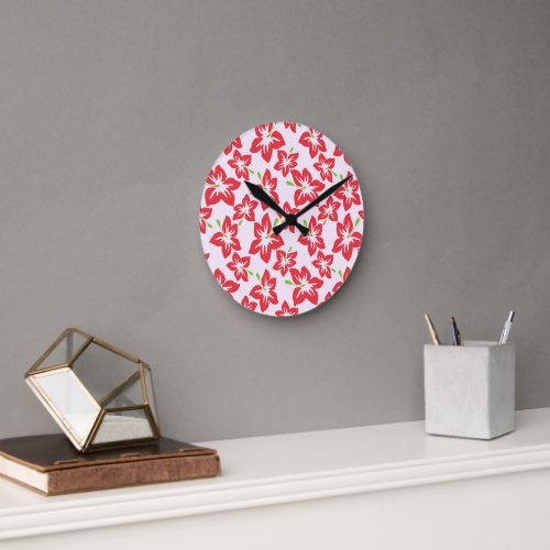 Red Hibiscus Red Flowers Pattern Of Flowers Round Clock