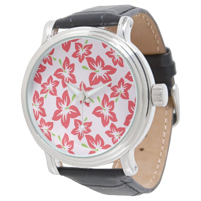 Red Hibiscus, Red Flowers, Pattern Of Flowers Watch (Angled)