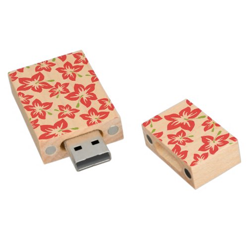 Red Hibiscus Red Flowers Pattern Of Flowers Wood Flash Drive