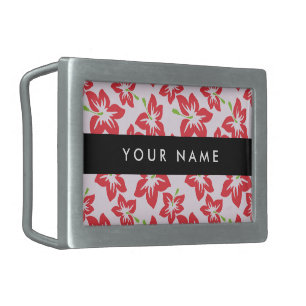 Red Hibiscus, Red Flowers, Your Name Belt Buckle