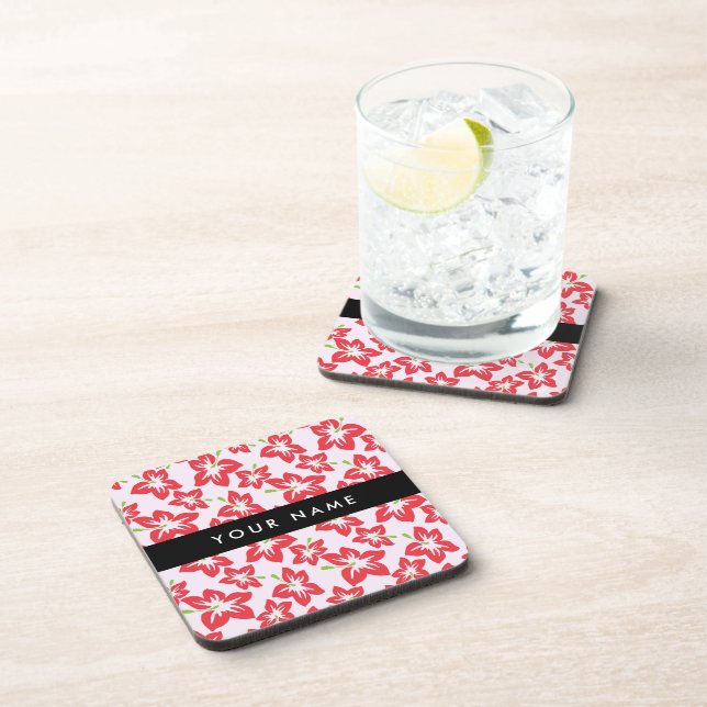 Red Hibiscus, Red Flowers, Your Name Beverage Coaster (Right Side)