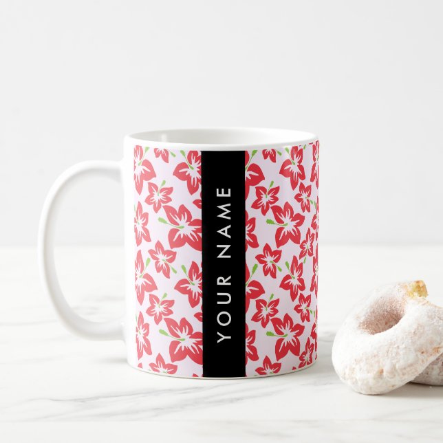 Red Hibiscus, Red Flowers, Your Name Coffee Mug (With Donut)