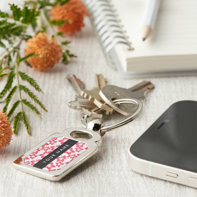 Red Hibiscus, Red Flowers, Your Name Keychain (Side)