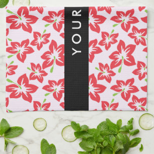 Red Hibiscus, Red Flowers, Your Name Kitchen Towel