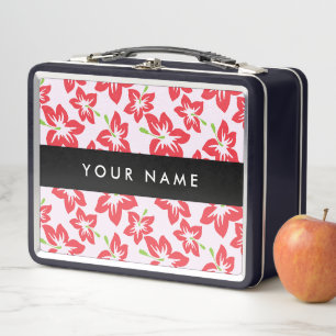 Red Hibiscus, Red Flowers, Your Name Metal Lunch Box