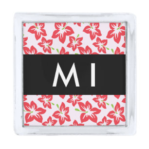 Red Hibiscus, Red Flowers, Your Name Silver Finish Lapel Pin