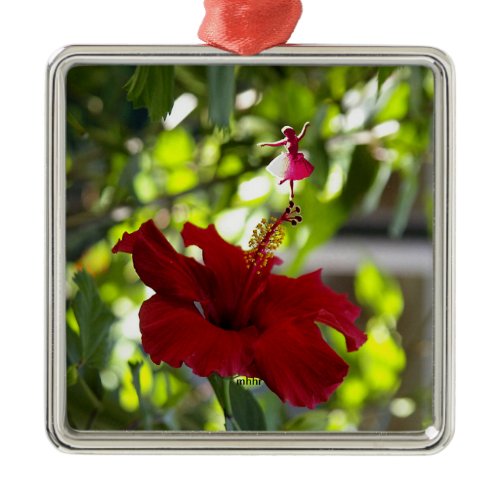 Red Hibiscus Shadow Fairy Metal Ornament
