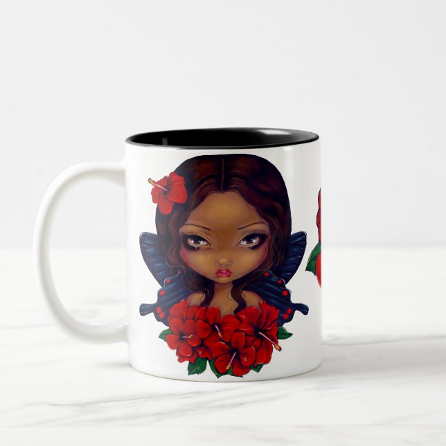 Red Hibiscus Tiki Fairy Two-Tone Coffee Mug (Left)
