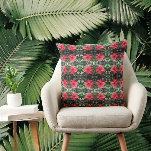 Red hibiscus tiled pattern throw pillow