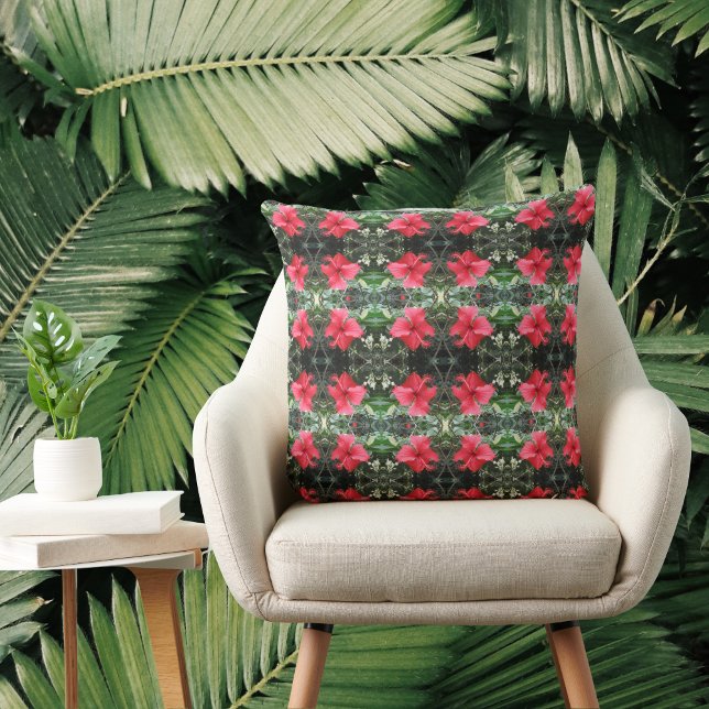 Red hibiscus tiled pattern throw pillow (Creator Uploaded)