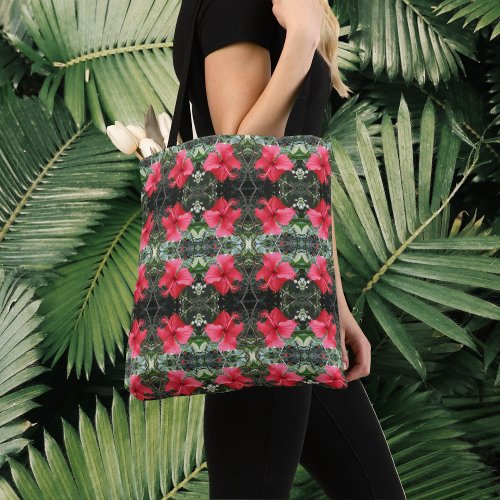 Red Hibiscus Tiles Pattern Tropical Tote Bag