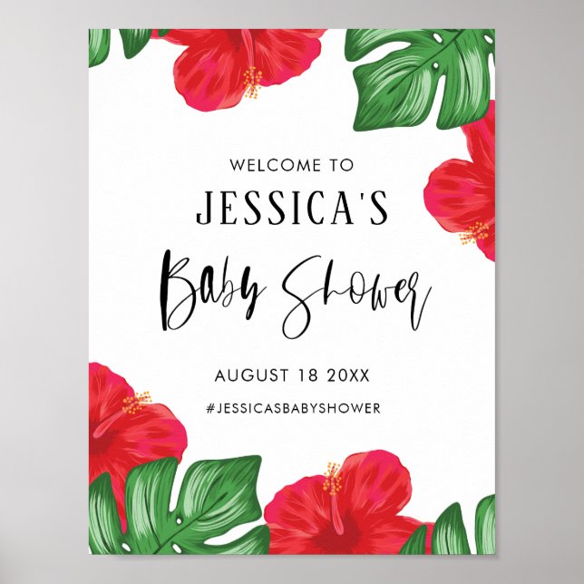 Red Hibiscus Tropical Baby Shower Welcome Poster (Front)