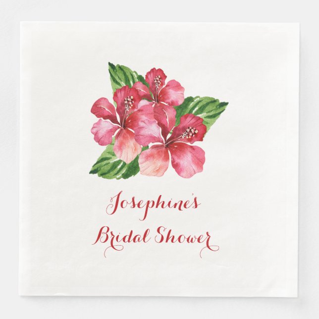 Red Hibiscus Tropical Bridal Shower Personalized Paper Dinner Napkins (Front)