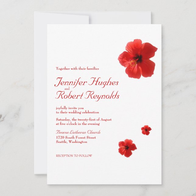 Red Hibiscus Tropical Budget Wedding Invitation (Front)