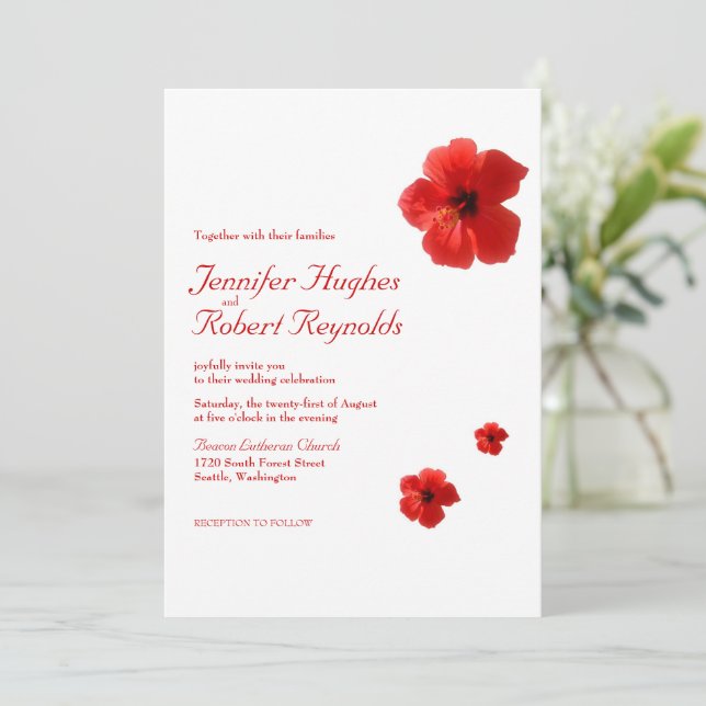 Red Hibiscus Tropical Budget Wedding Invitation (Standing Front)