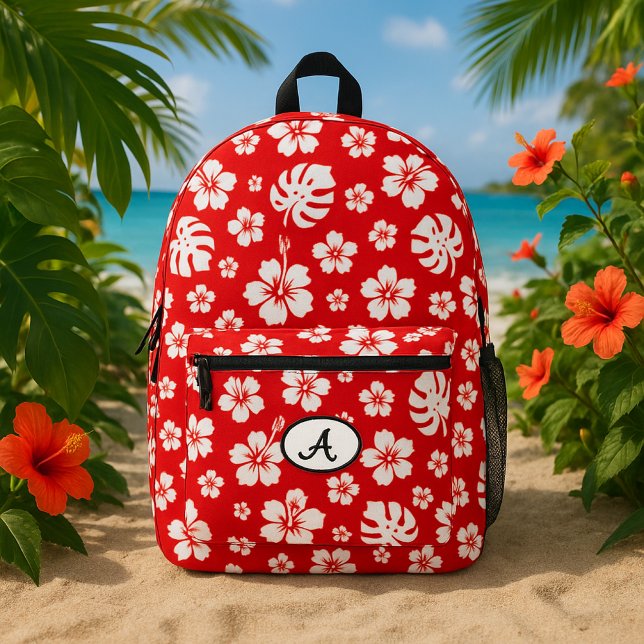 Red Hibiscus Tropical Exotic Floral Design Printed Backpack (Creator Uploaded)