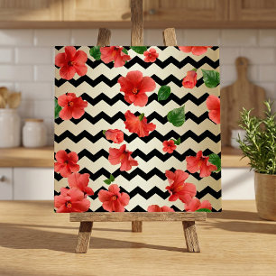 Red Hibiscus Tropical Floral Black Beige Chevron Ceramic Tile