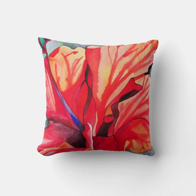 Red Hibiscus tropical floral Throw Pillow (Front)